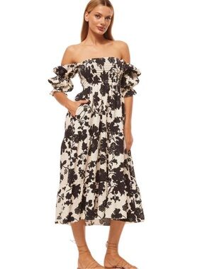 Misa LA Margarita Dress in Floral Black/White, Off the Shoulder, Size S
